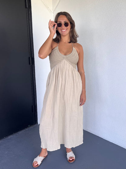 TALLULAH CROCHET MAXI DRESS IN SAND