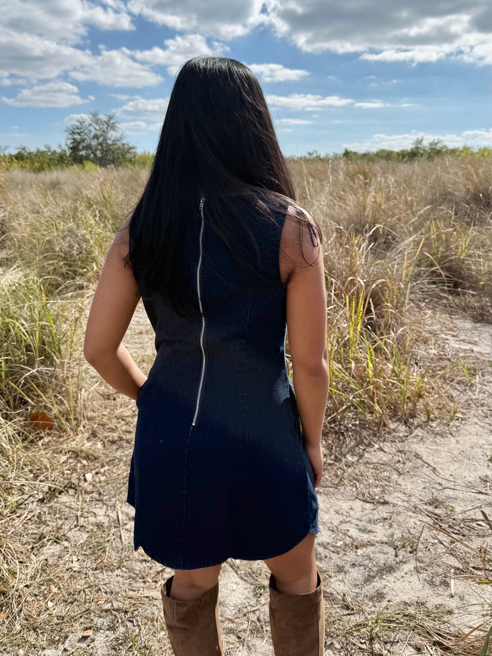 Marley Sleeveless Scalloped Mini Dress in Dark Denim