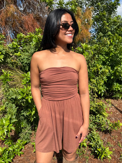 Haley Strapless Romper in Nutshell Brown