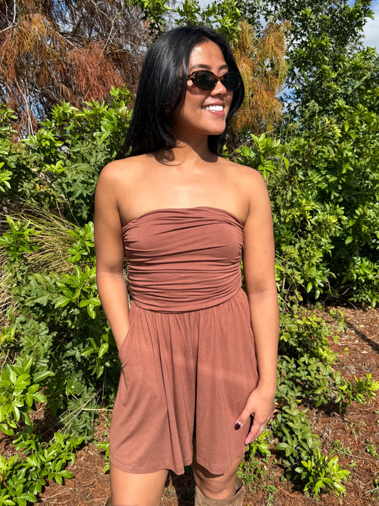 Haley Strapless Romper in Nutshell Brown