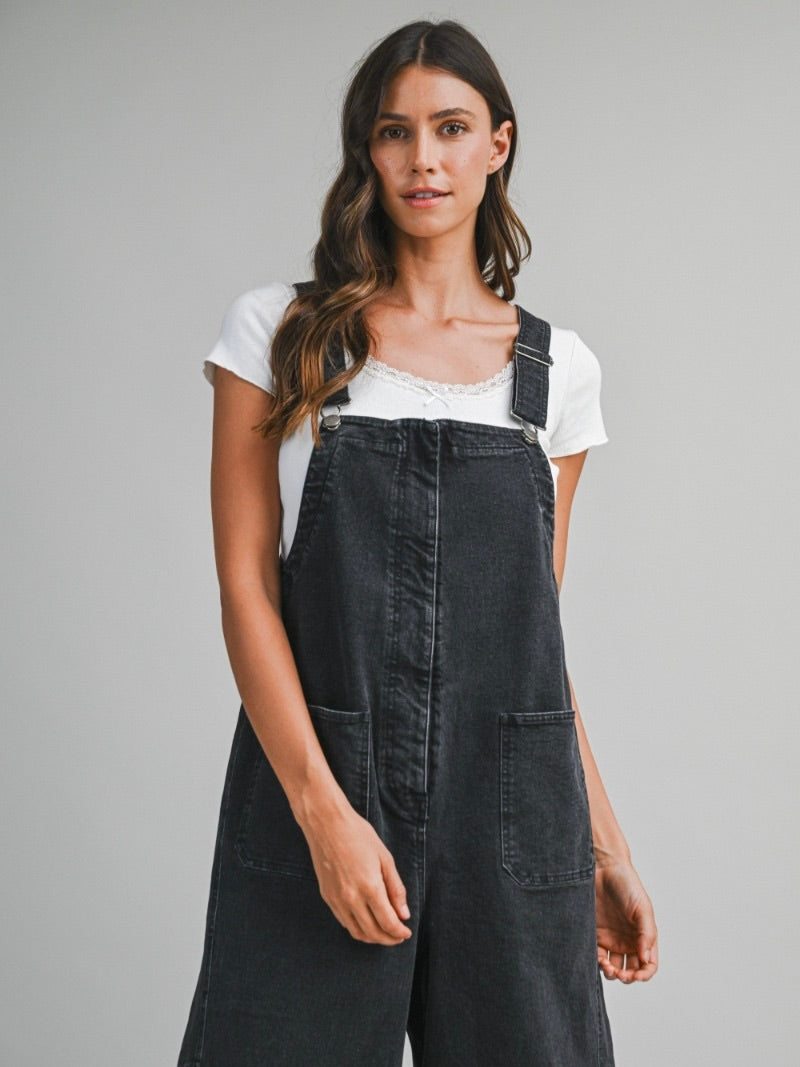 Shiloh Barrel Overalls in Black Denim