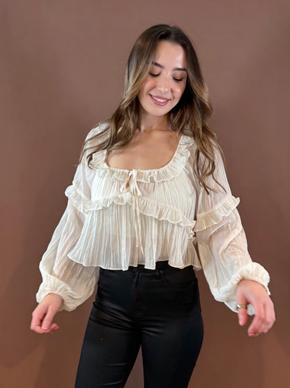 Della Long Sleeve Ruffle Blouse in Cream