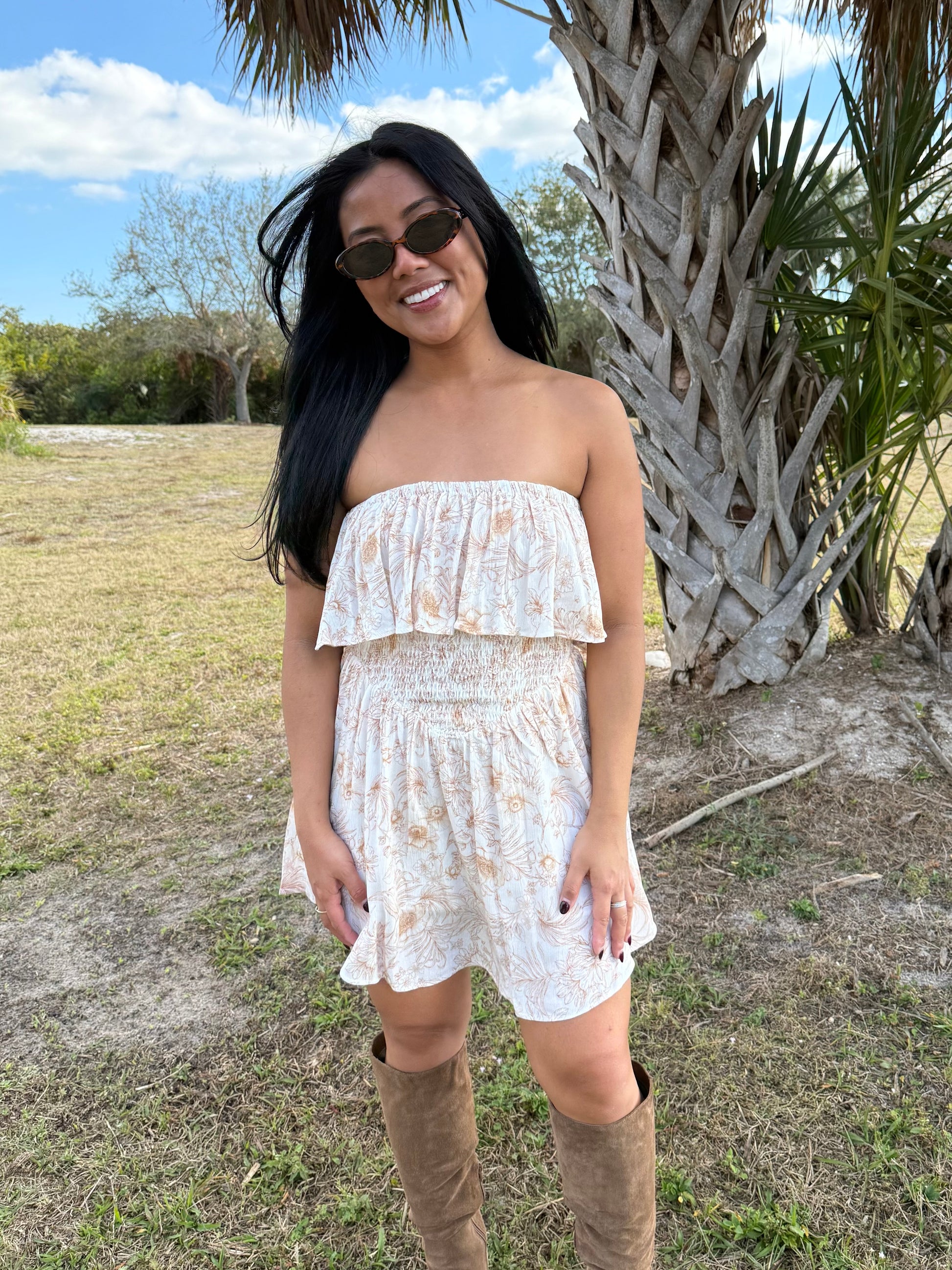 Delilah Floral Strapless Romper in Ivory & Rust