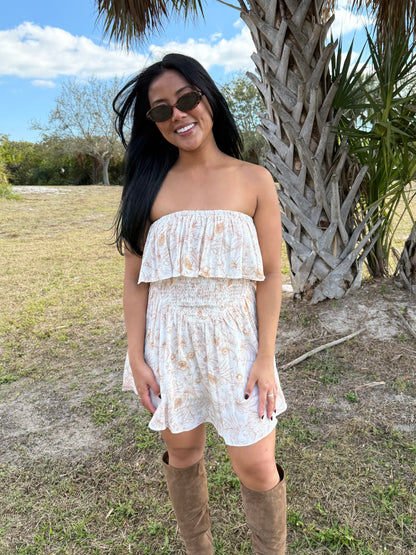 Delilah Floral Strapless Romper in Ivory & Rust