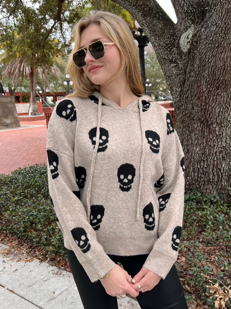 Pirate Tan Sweater Hoodie with Black Skulls