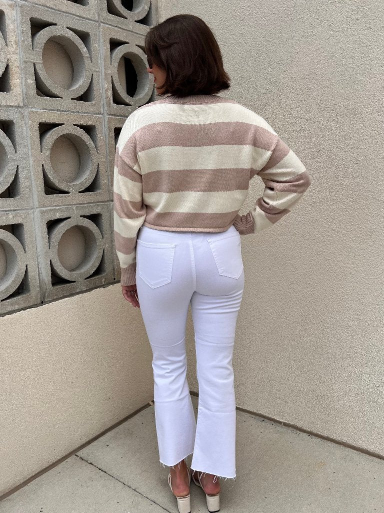 SELENA STRIPED CROPPED SWEATER IN TAUPE & IVORY