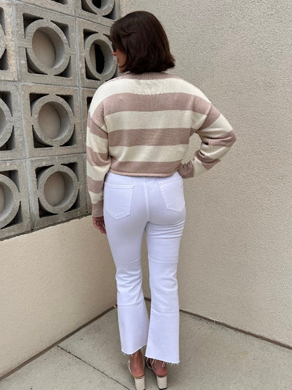 SELENA STRIPED CROPPED SWEATER IN TAUPE & IVORY