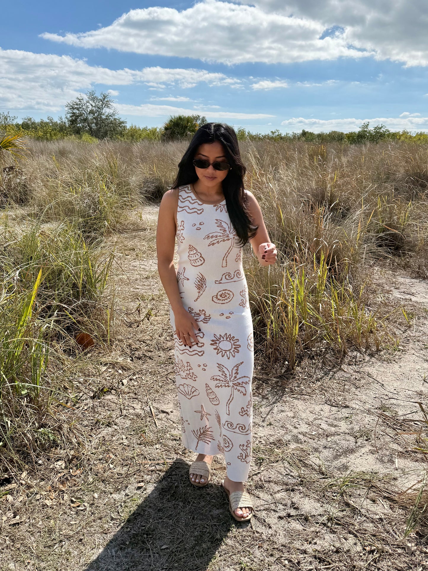 Sunshine Nautical Printed Midi Knit Dress in White