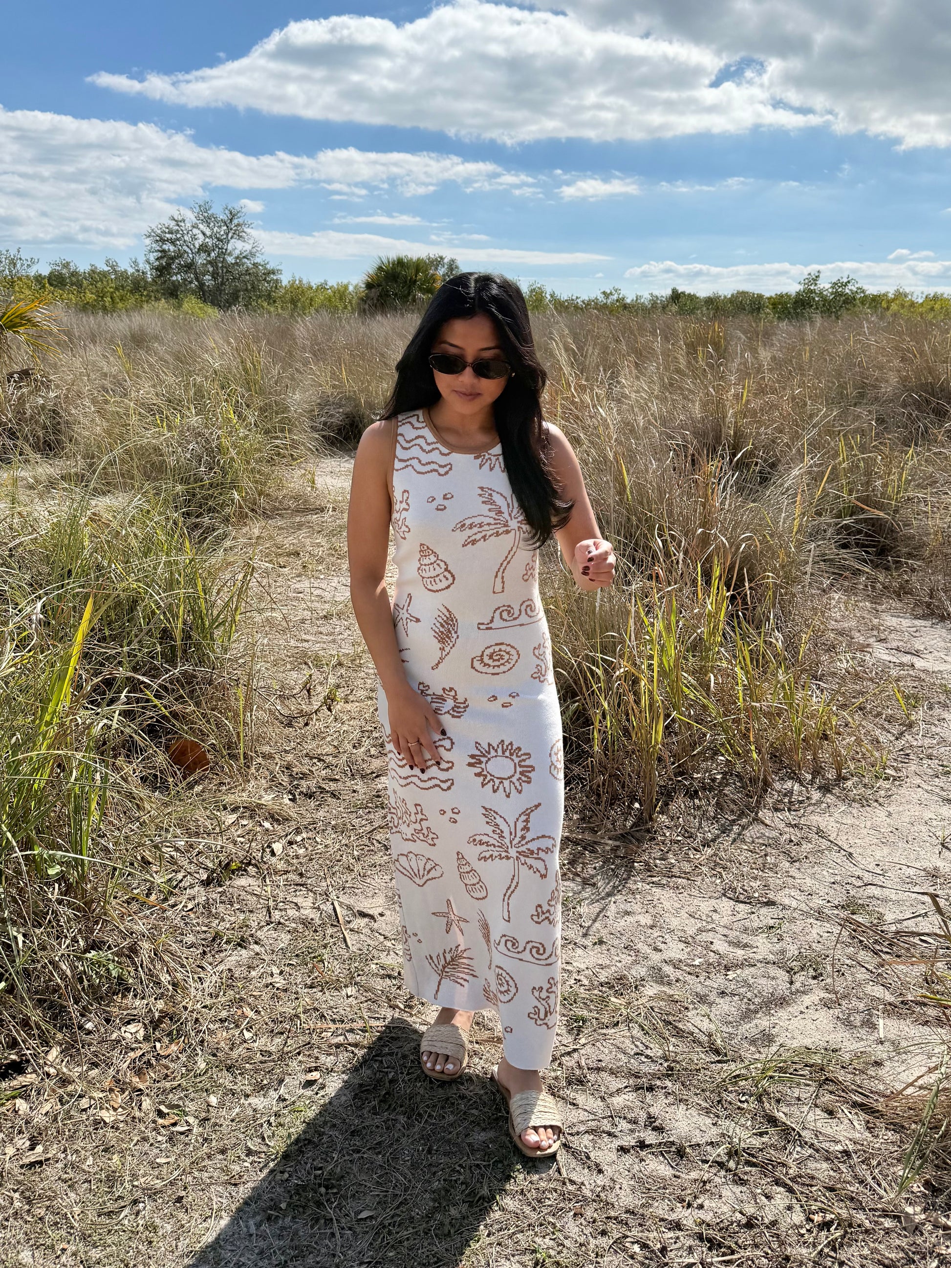 Sunshine Nautical Printed Midi Knit Dress in White