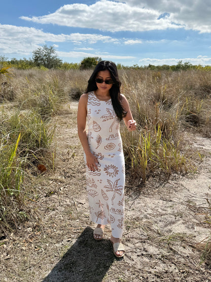 Sunshine Nautical Printed Midi Knit Dress in White