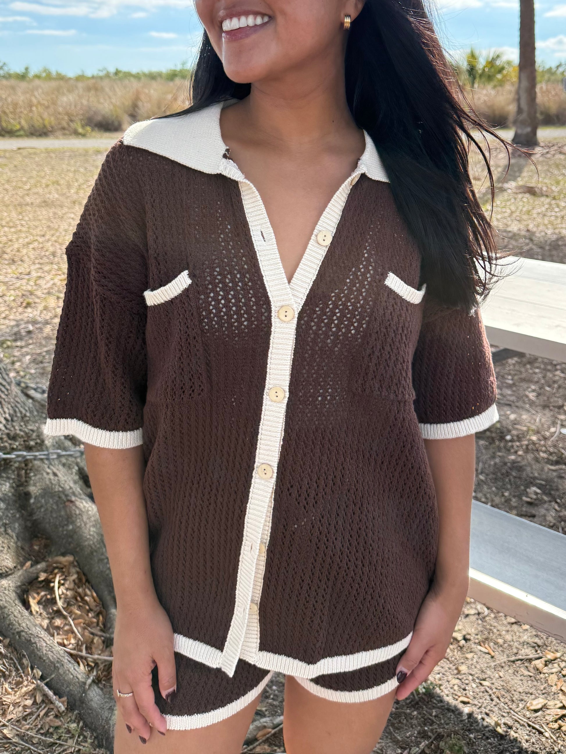 Emory Crochet Short Sleeve Top & Drawstring Shorts Set in Brown & Ivory