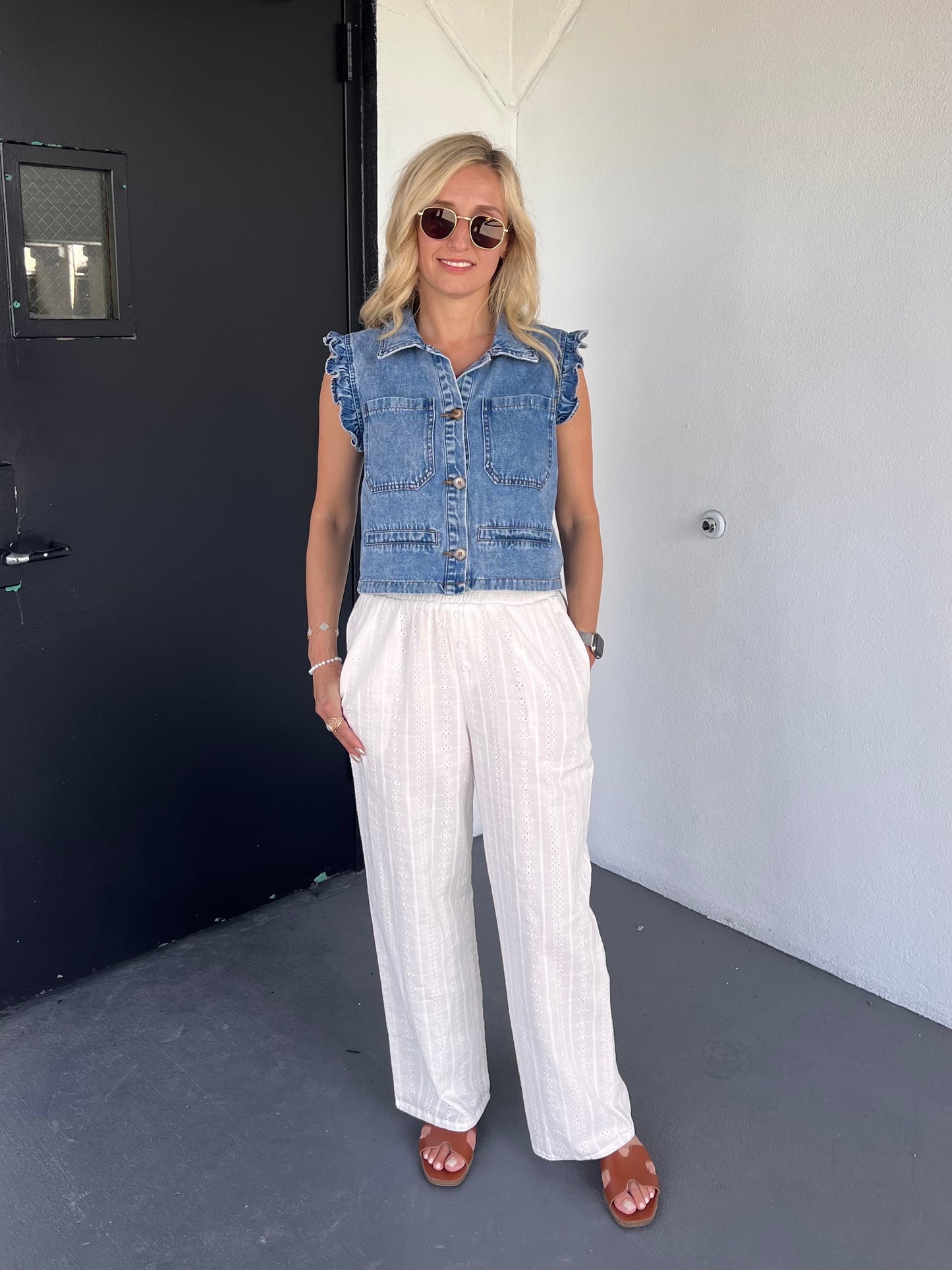 Elena Sleeveless Ruffle Vest in Denim