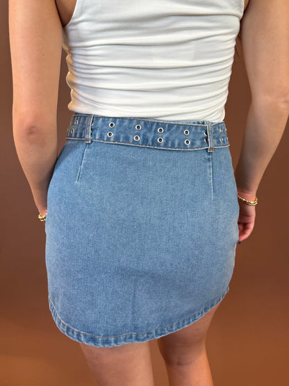 Aster Belted Mini Skirt in Denim