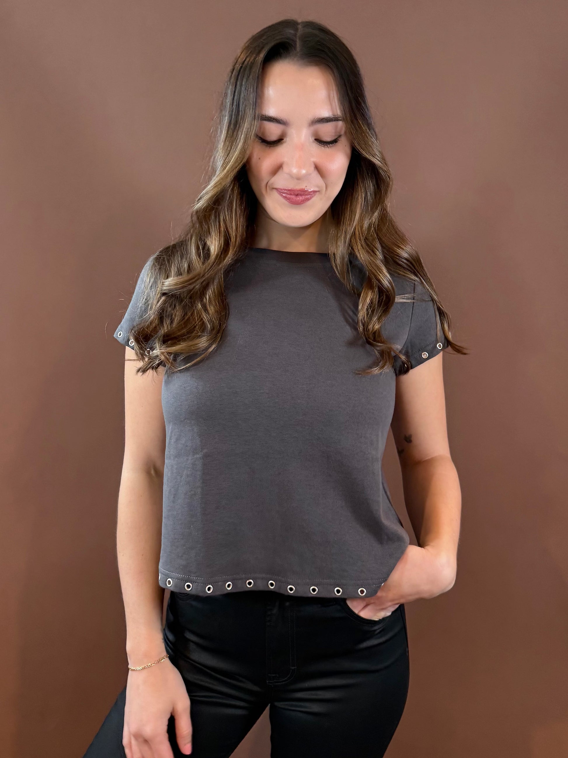 Oliver Eyelet Rivet T-Shirt in Charcoal