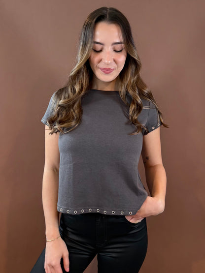 Oliver Eyelet Rivet T-Shirt in Charcoal