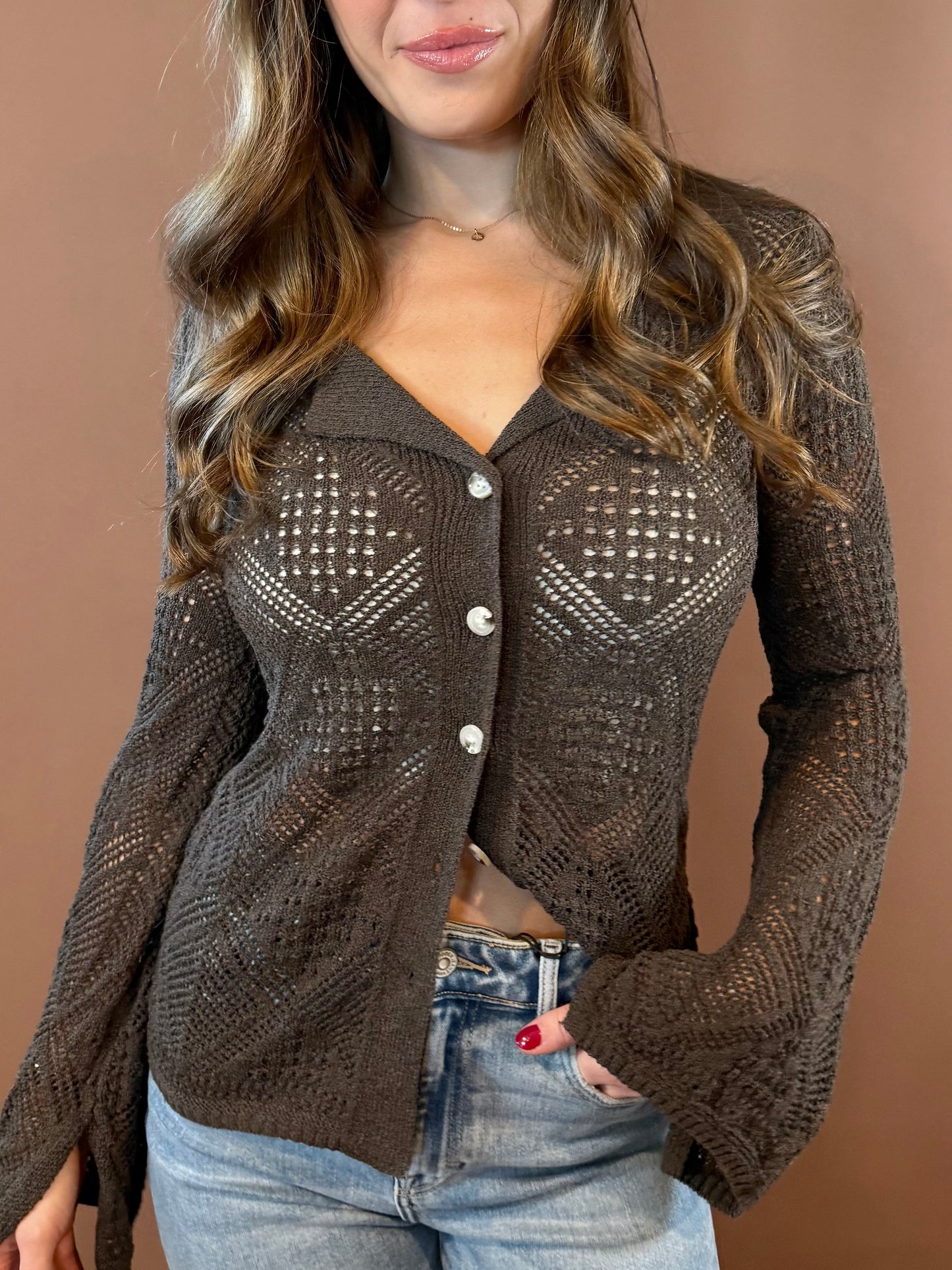 Willow Long Sleeve Knit Sweater Top in Charcoal