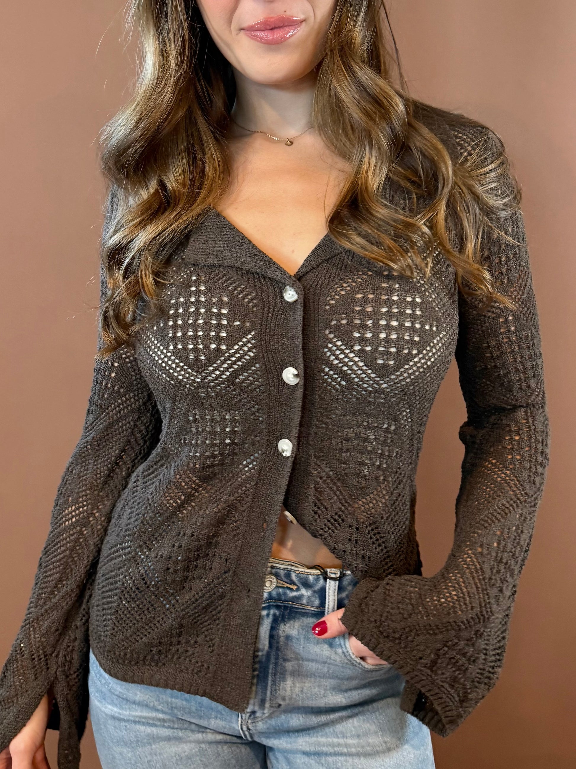 Willow Long Sleeve Knit Sweater Top in Charcoal