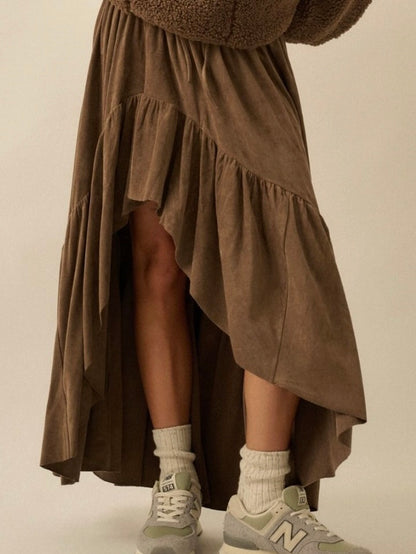 Aria Suede High-Low Maxi Skirt in Espresso Brown