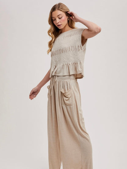 Willa Wide Leg Elastic Pants in Beige