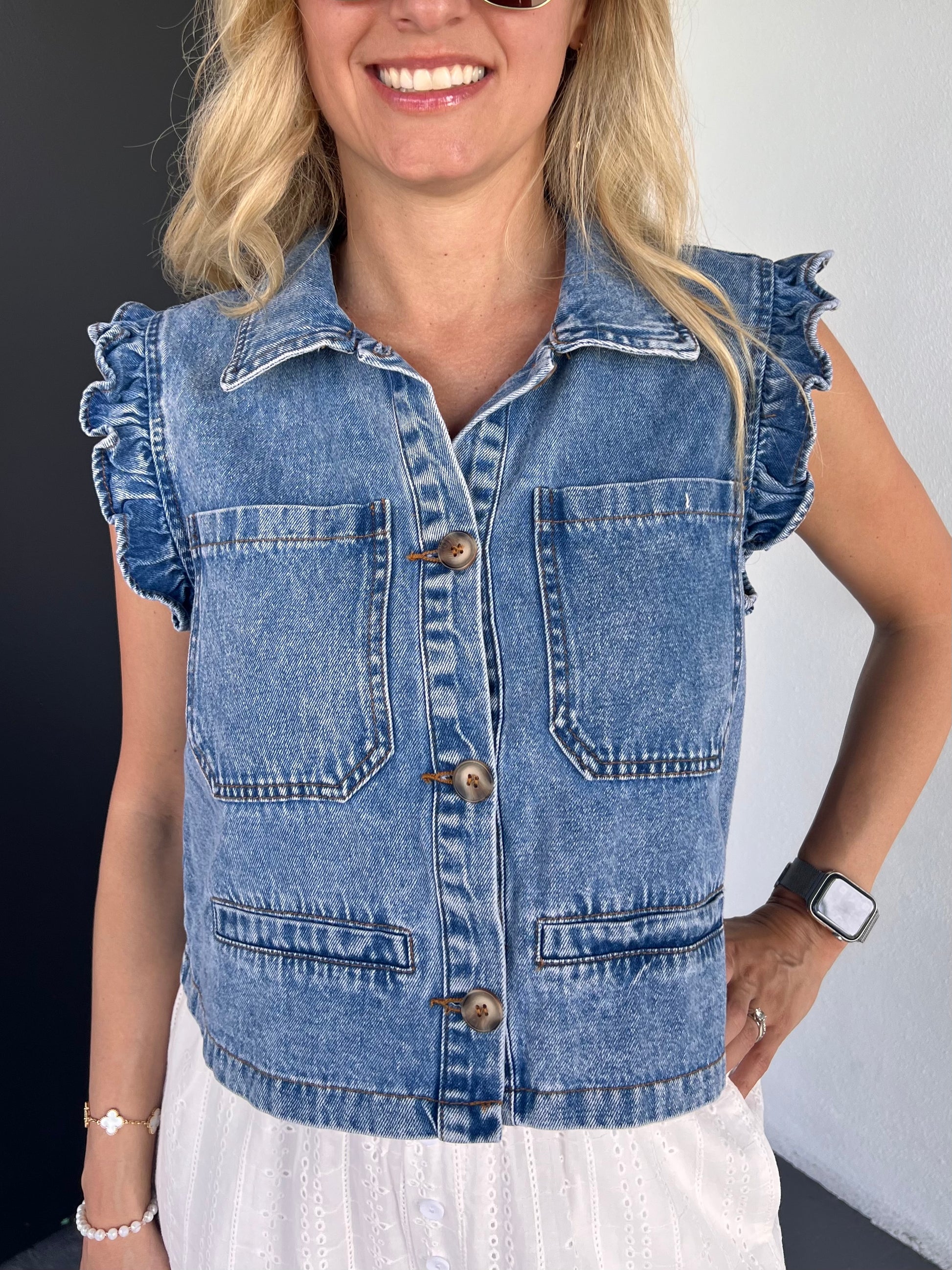 Elena Sleeveless Ruffle Vest in Denim