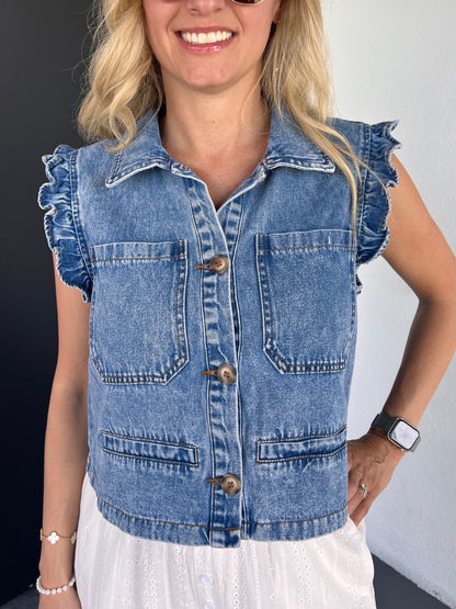 Elena Sleeveless Ruffle Vest in Denim