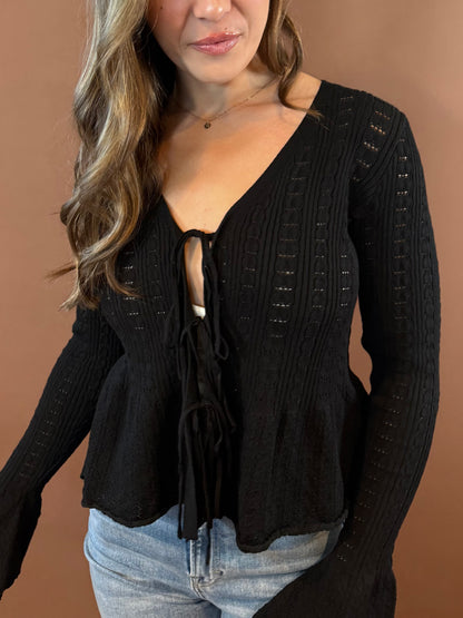 Lorelai Front Tie Bell Sleeve Peplum Sweater in Black