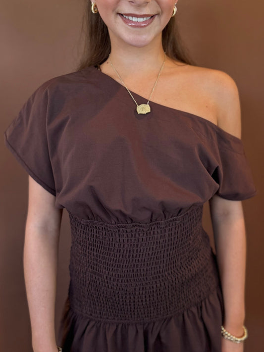 River Off the Shoulder Drop Waist Mini Dress in Chocolate Brown