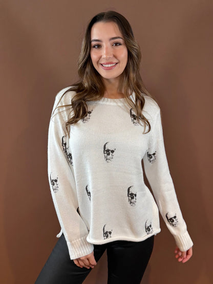 Ahoy Skull Long Sleeve Sweater in White