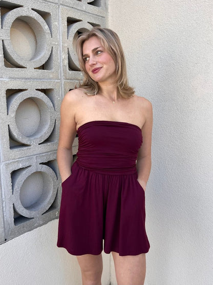 HALEY STRAPLESS ROMPER IN GARNET