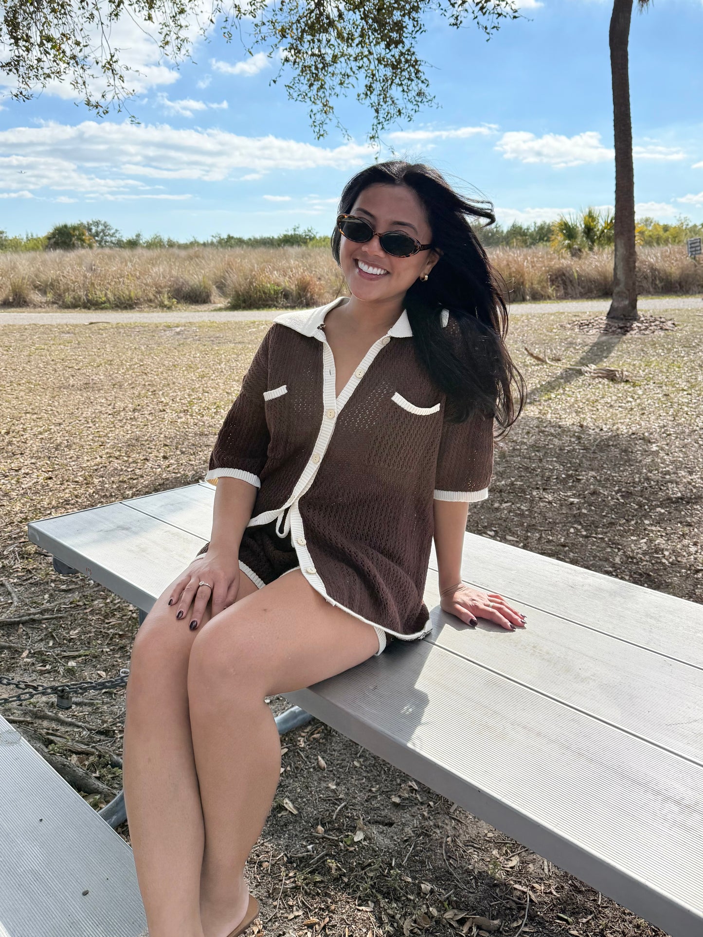 Emory Crochet Short Sleeve Top & Drawstring Shorts Set in Brown & Ivory