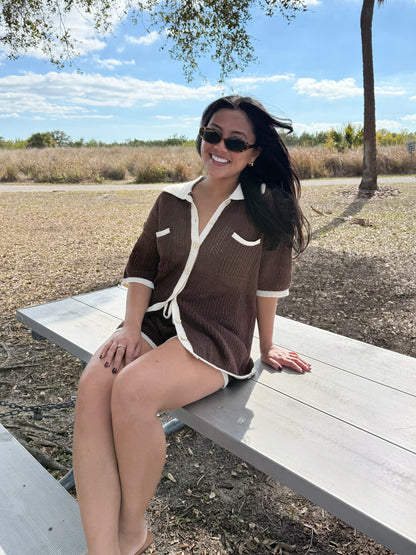 Emory Crochet Short Sleeve Top & Drawstring Shorts Set in Brown & Ivory