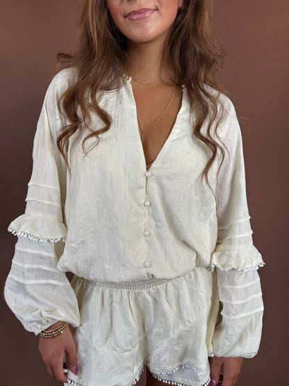 Aurora Long Sleeve Smocked Ruffle Romper in Ivory