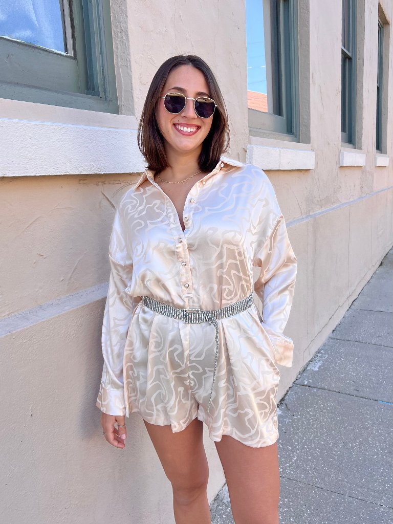 MIDNIGHTS PRINTED ROMPER IN CHAMPAGNE