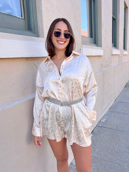 MIDNIGHTS PRINTED ROMPER IN CHAMPAGNE