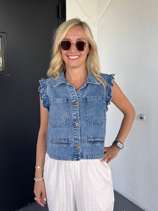 Elena Sleeveless Ruffle Vest in Denim