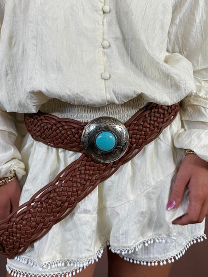 Lucy Western Belt in Brown with Turquoise Stone Detail
