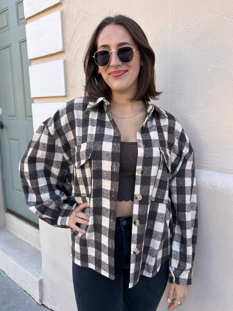 SOPHIA PLAID SHACKET IN BROWN