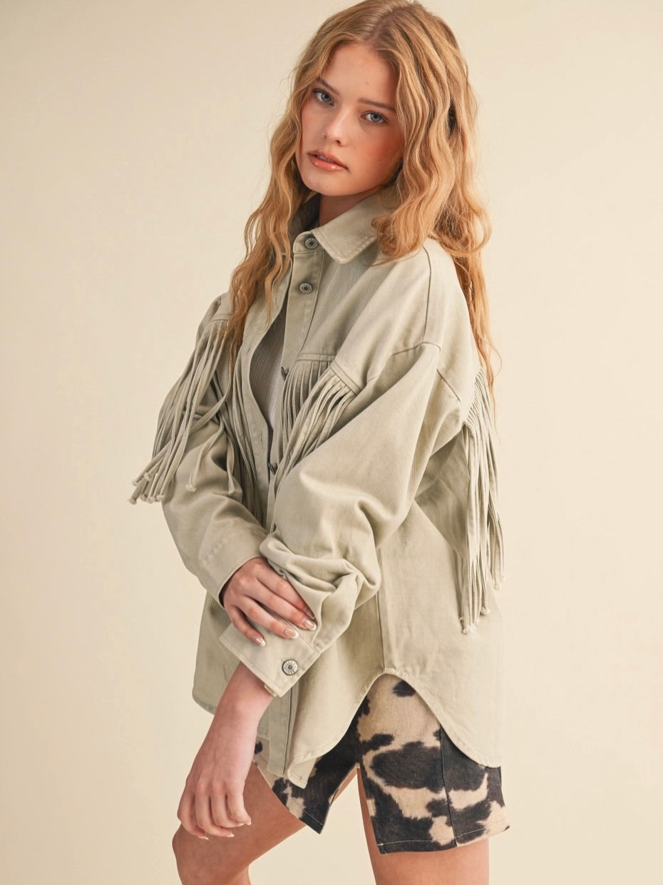Asher Oversized Fringe Denim Jacket in Sand
