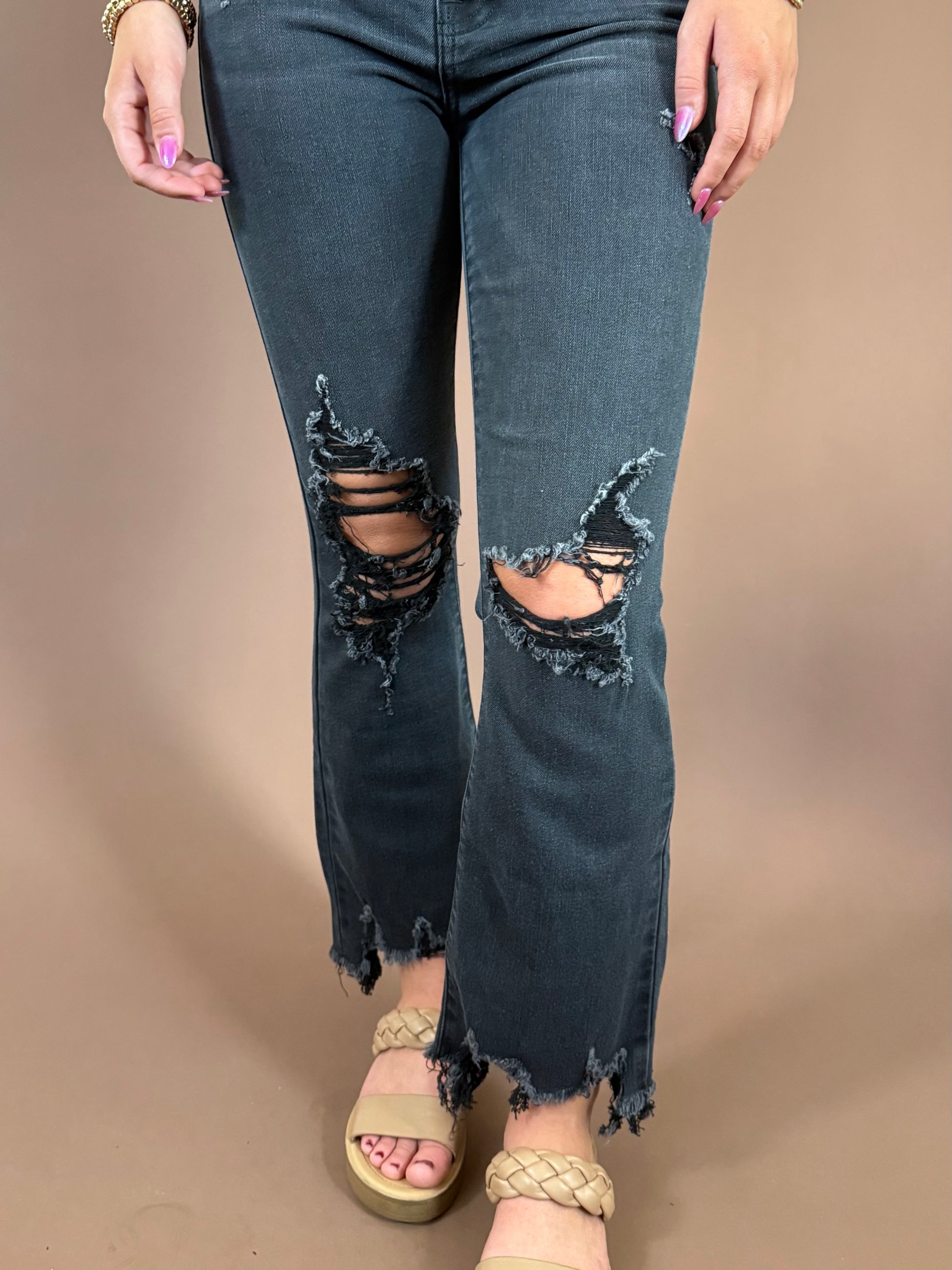 Dylan Distressed High Rise Denim in Washed Black