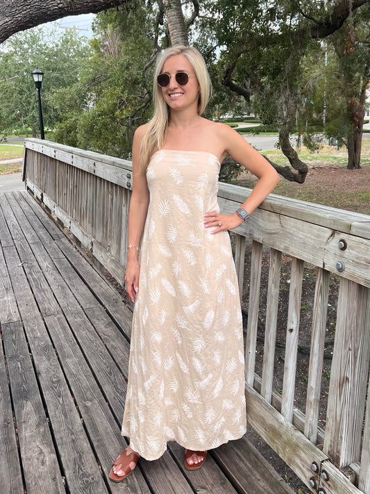 Eloise Feather Print Strapless Maxi Dress in Taupe