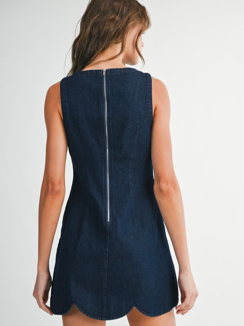 Marley Sleeveless Scalloped Mini Dress in Dark Denim