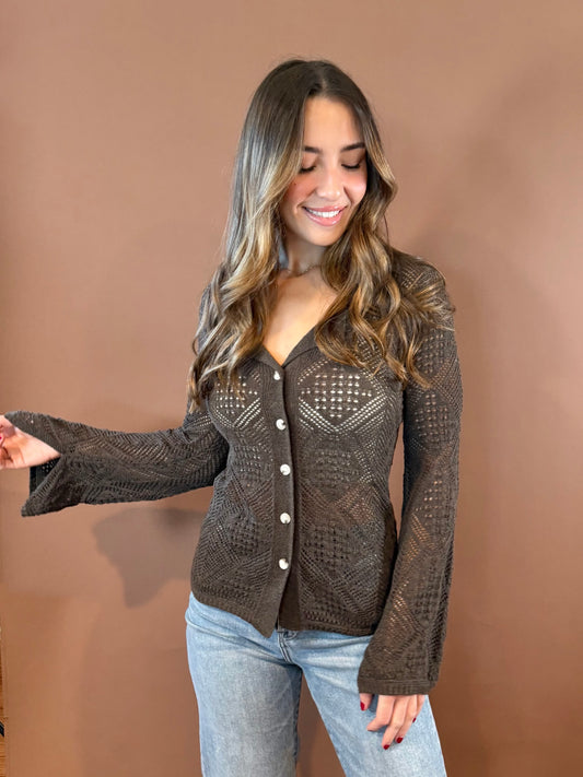 Willow Long Sleeve Knit Sweater Top in Charcoal