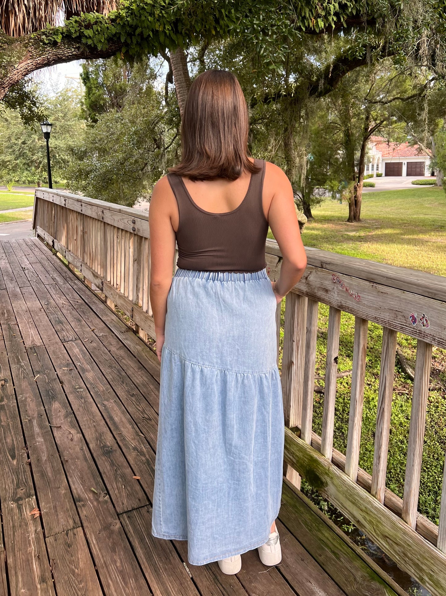 Lola Denim Button Down Tiered Maxi Skirt