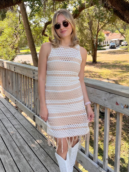 Alix Striped Crochet Fringe Dress in Taupe & White