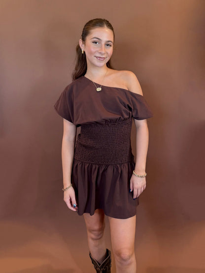 River Off the Shoulder Drop Waist Mini Dress in Chocolate Brown