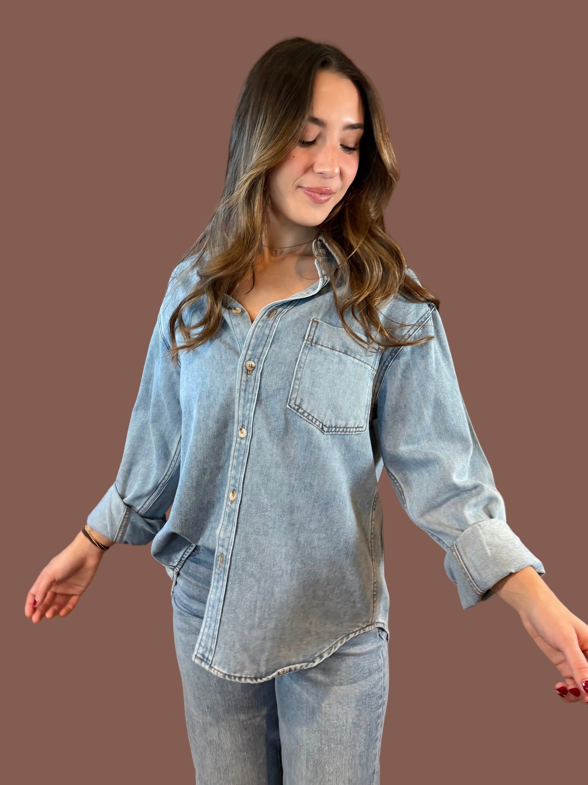 Pacey Oversized Button Up Shirt in Denim