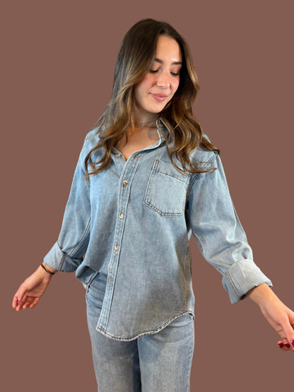 Pacey Oversized Button Up Shirt in Denim