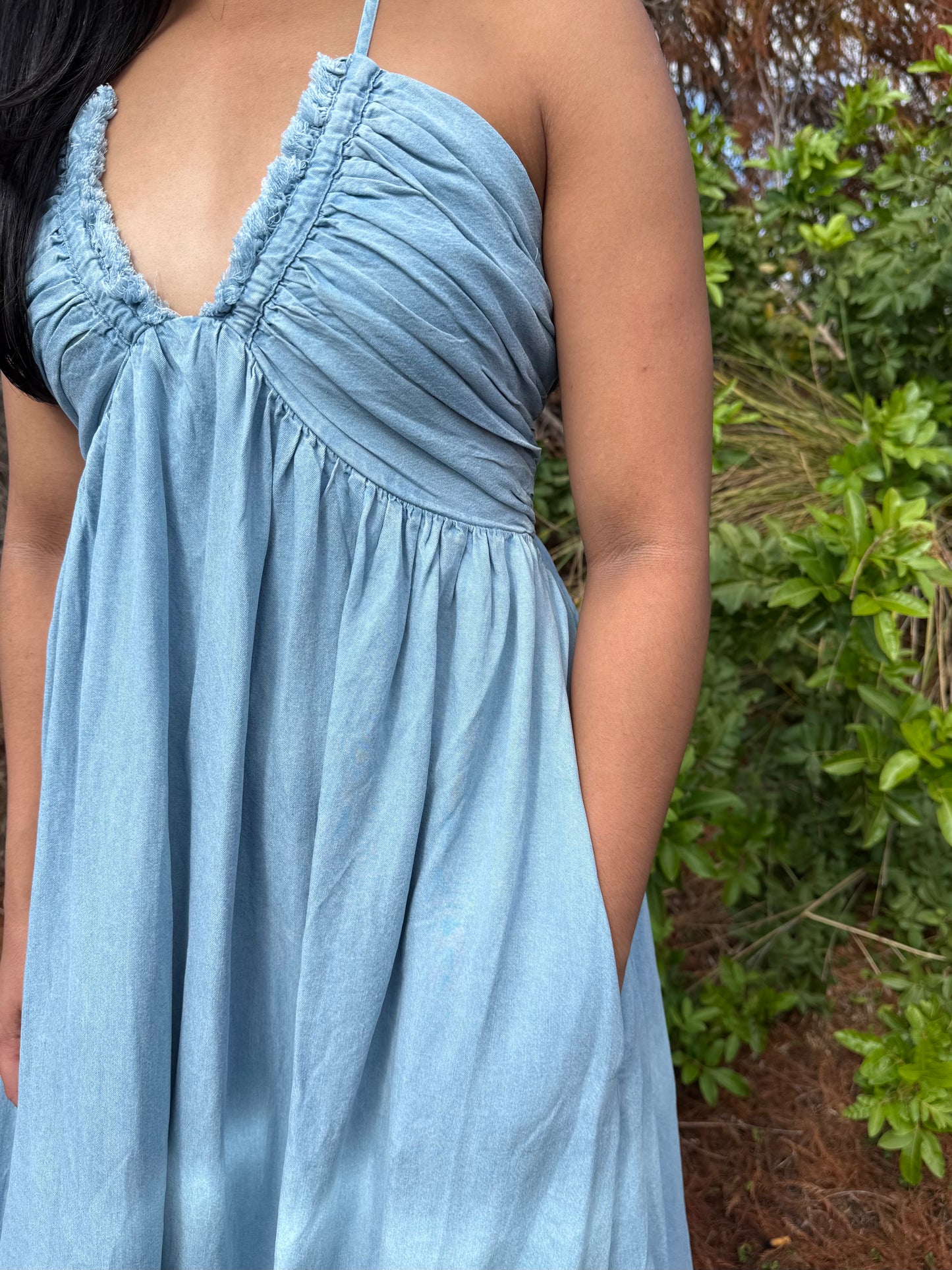 Savannah Halter Neck Open Back Flowy Maxi Dress in Denim