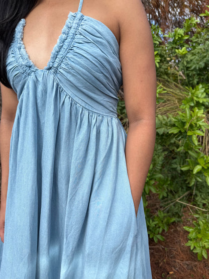 Savannah Halter Neck Open Back Flowy Maxi Dress in Denim