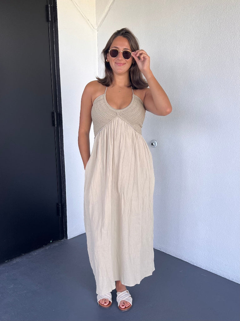 TALLULAH CROCHET MAXI DRESS IN SAND